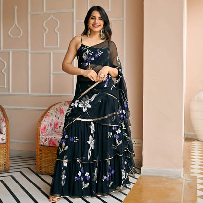 NEW DESIGNER PARTY WEAR LAHENGA SAREE WITH STICH CHOLI WITH EMBROIDERY WORK