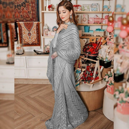 Grey Bollywood Celebrity Style Designer Sequence Lace Border Saree Indian Wedding Beautiful Saree Customize Silk Blouse With Ready To Wear Saree