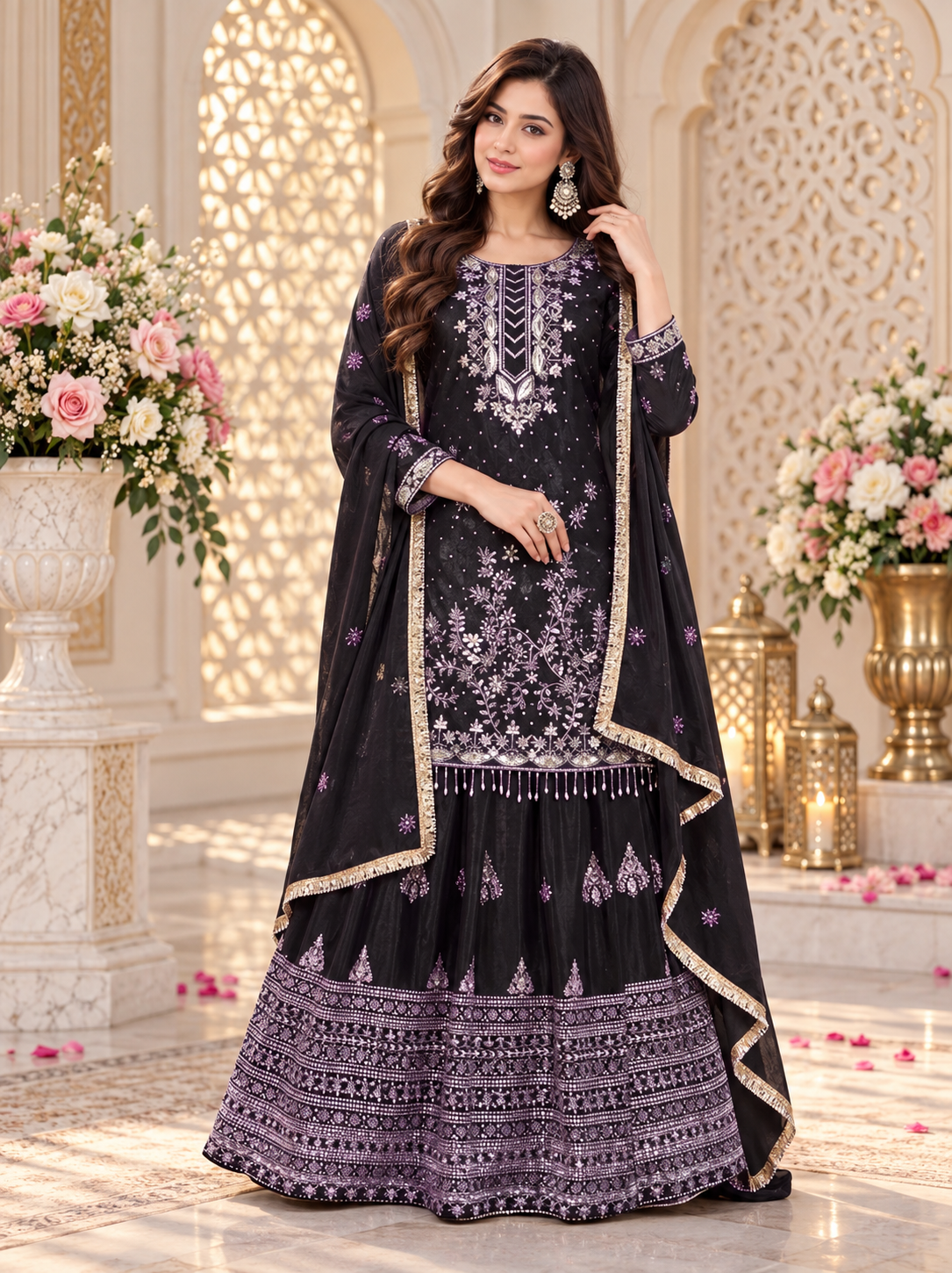 New Arrival Vichitra Silk Embroidered Un-Stitched Beautiful Sharara Suit