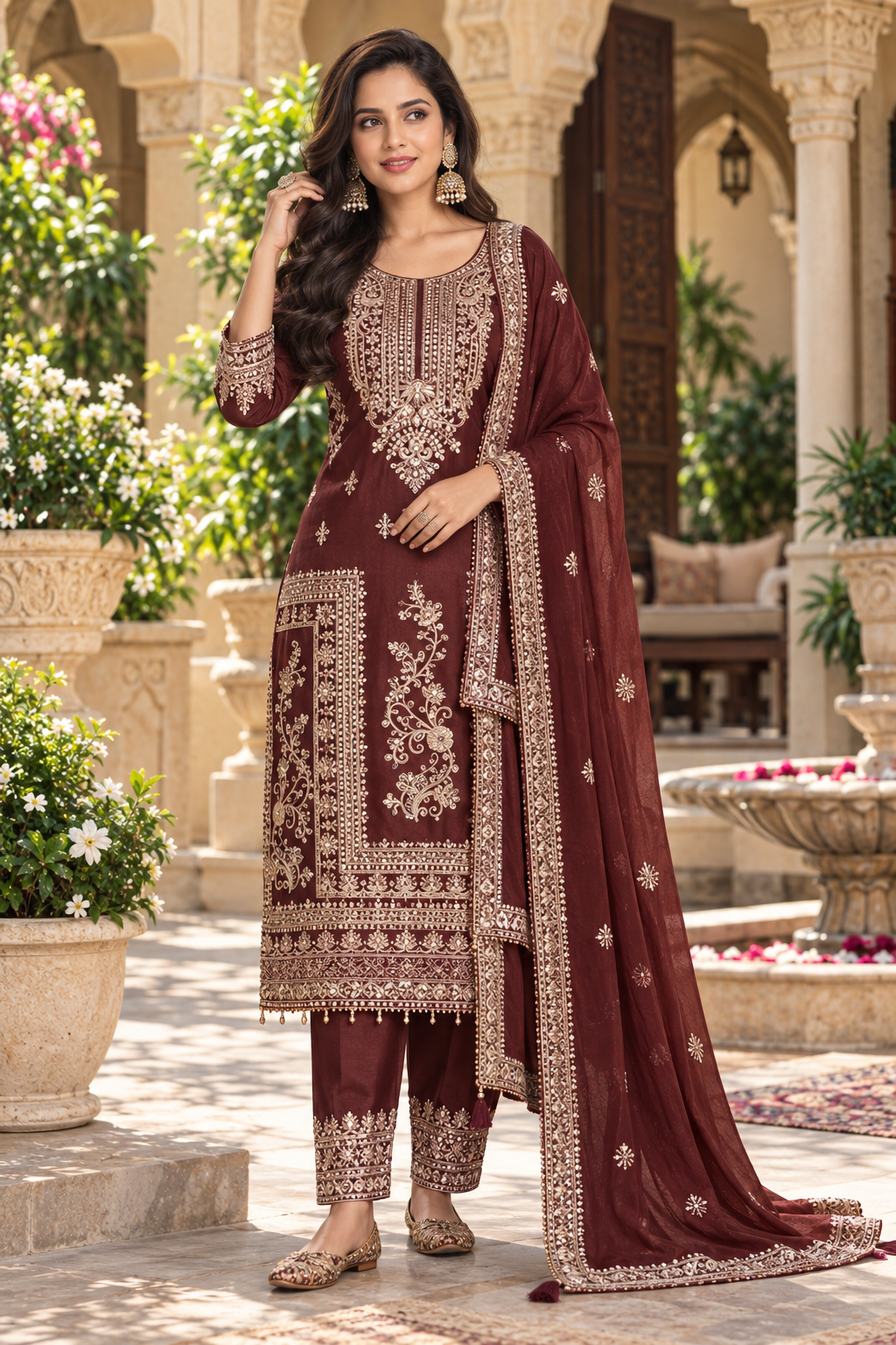Women's Ethnic Motifs Embroidered Regular Sequinned Kurta with Trousers & Dupatta