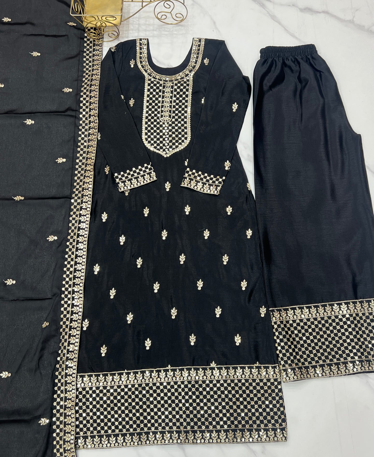 BEAUTIFUL PURE CHINON SILK FABRIC STRAIGHT FIT KURTA WITH DUPPTA SET, TROUSERS, READY TO WEAR