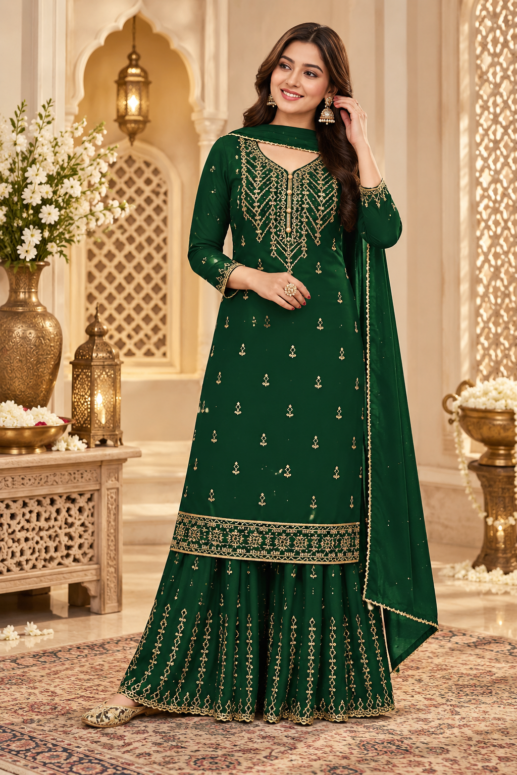 Pakistani Women's Light Weight Georgette Zari Embroidered Semi-Stitched Sharara Suit