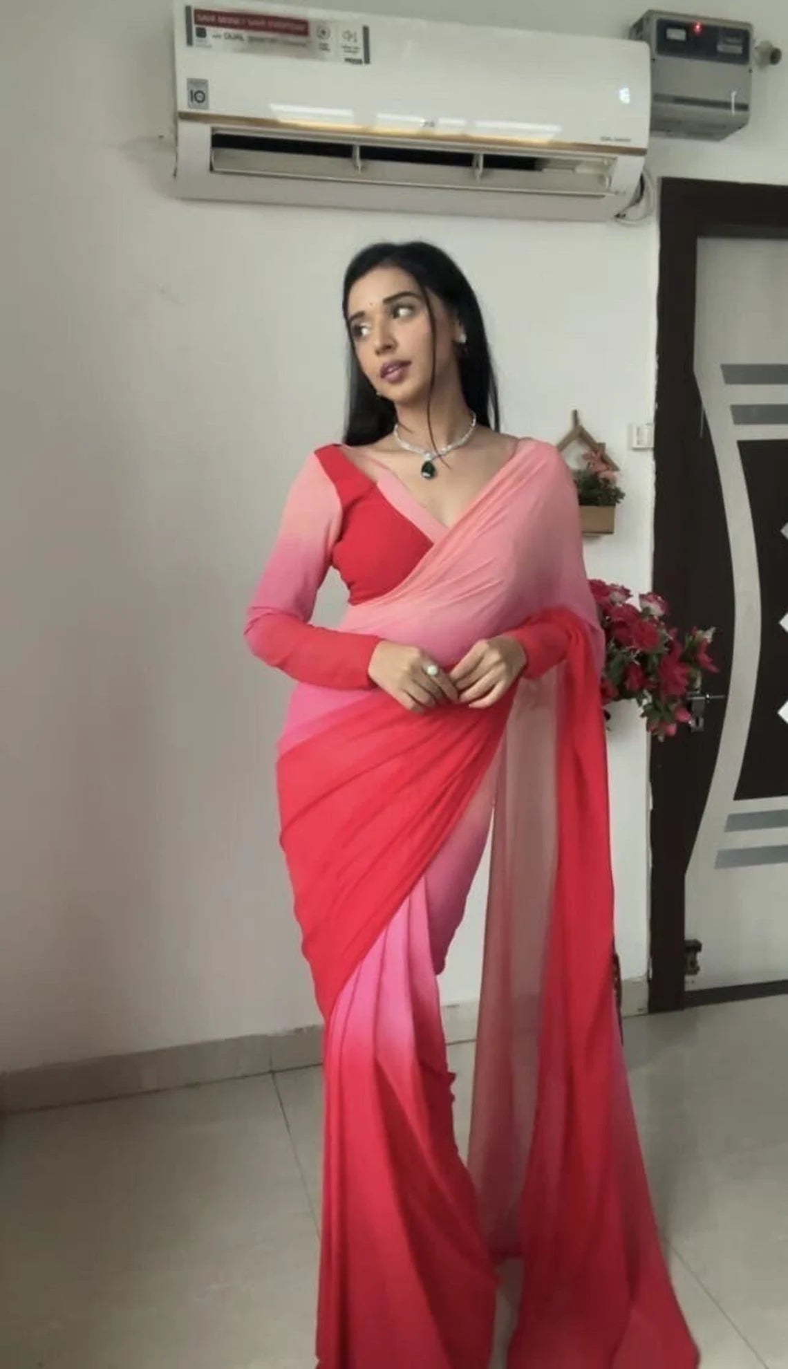 Pre-Stitched Red Pink Color Saree Fancy Shedding Printed Saree With Blouse Piece Designer Partywear Saree,