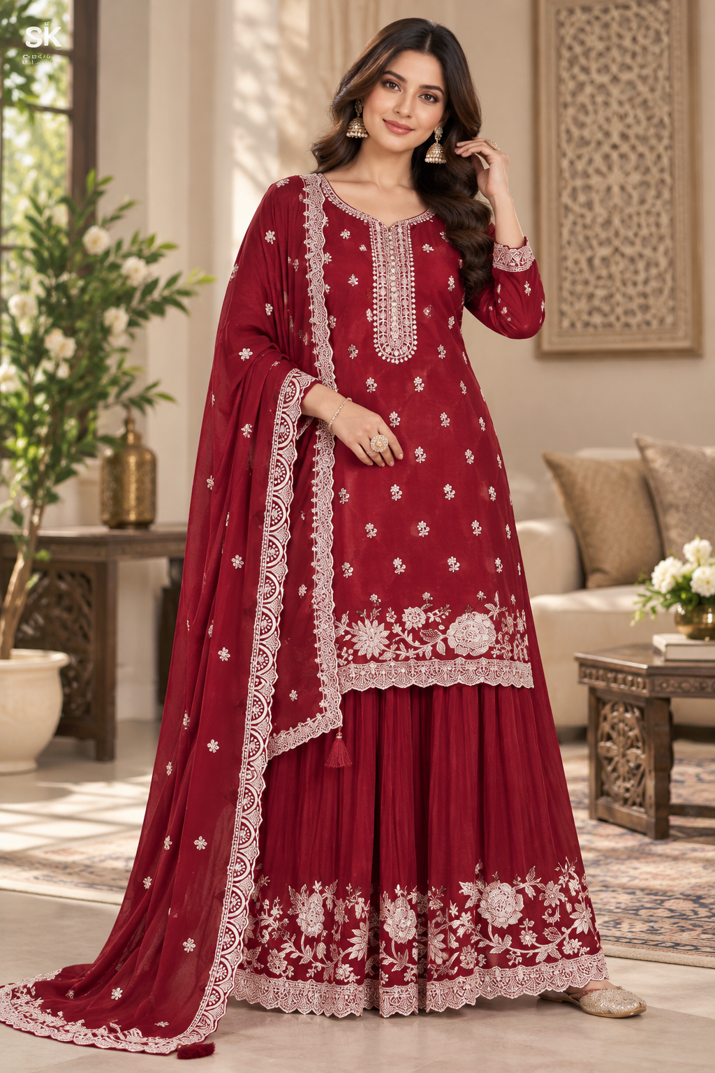 Trending Pakistani Suit Chinon Sequence Embroidery Work Wonderful Semi-Stitched Sharara Suit