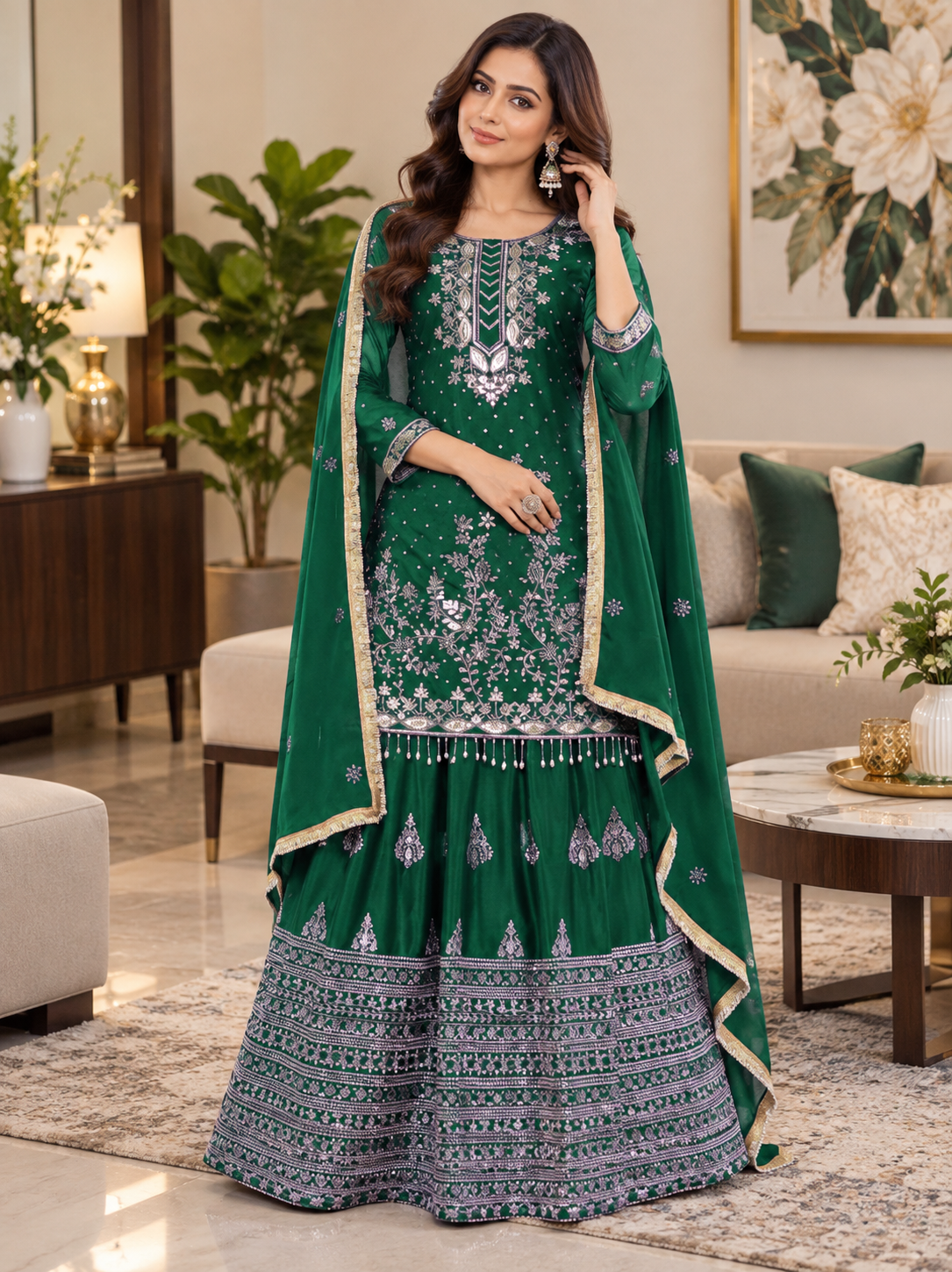 New Arrival Vichitra Silk Embroidered Un-Stitched Beautiful Sharara Suit