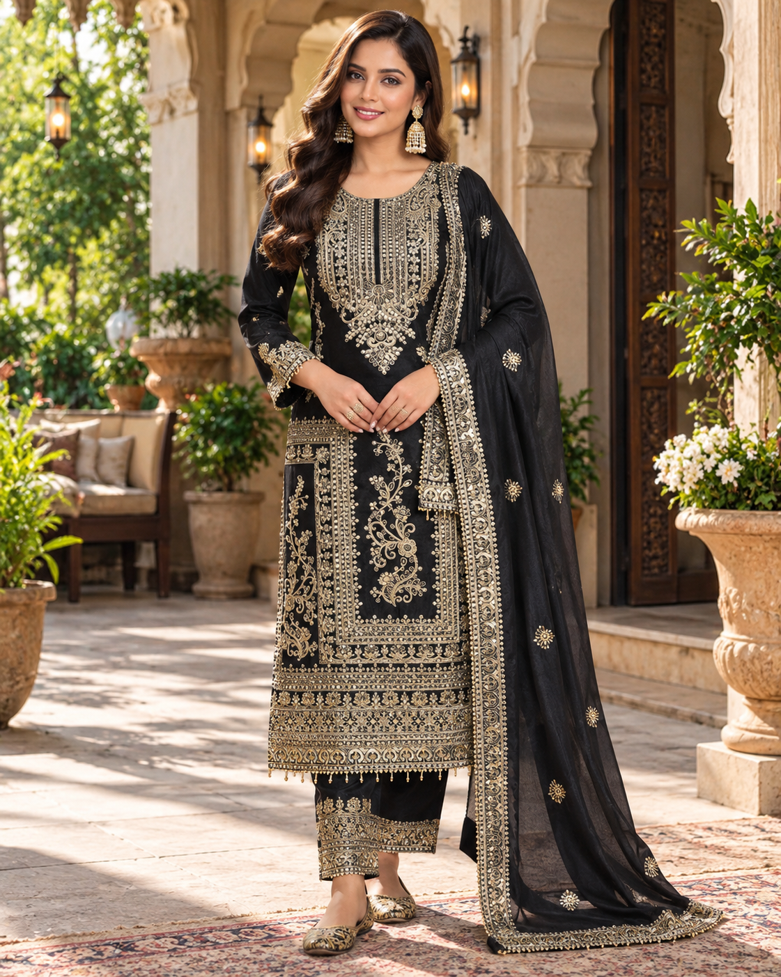 Women's Ethnic Motifs Embroidered Regular Sequinned Kurta with Trousers & Dupatta