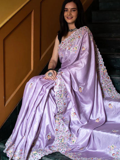 Purple Silk Modal Embroidered Breezy Light Weight Saree with Blouse Piece By Dealbazaars