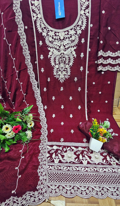 Heavy Work Chinon Sequence Embroidery Beautiful Semi-Stitched Pakistani Salwar Suit Material