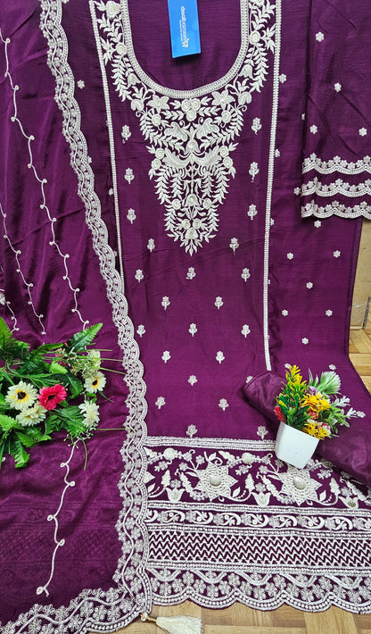 Heavy Work Chinon Sequence Embroidery Beautiful Semi-Stitched Pakistani Salwar Suit Material