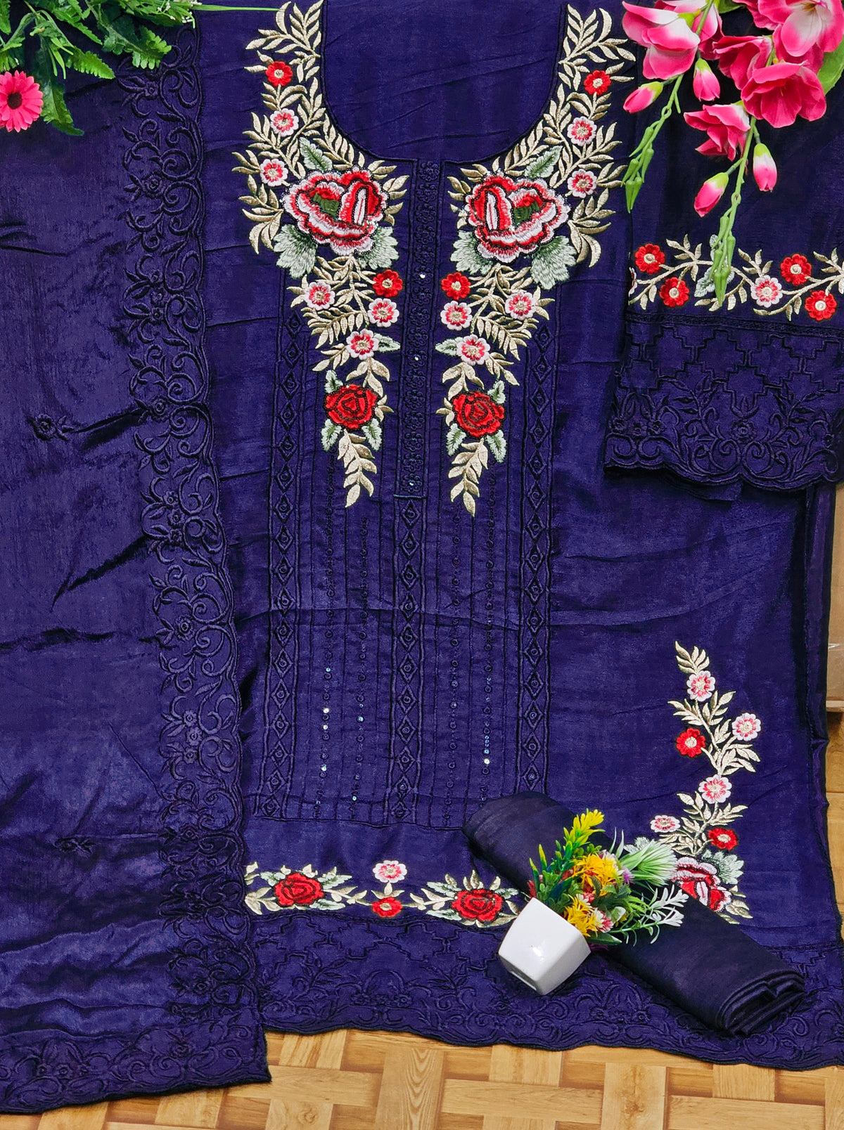 Pakistani Look Chinon Sequence Embroidery Wonderful Semi-Stitched Salwar Suit Material