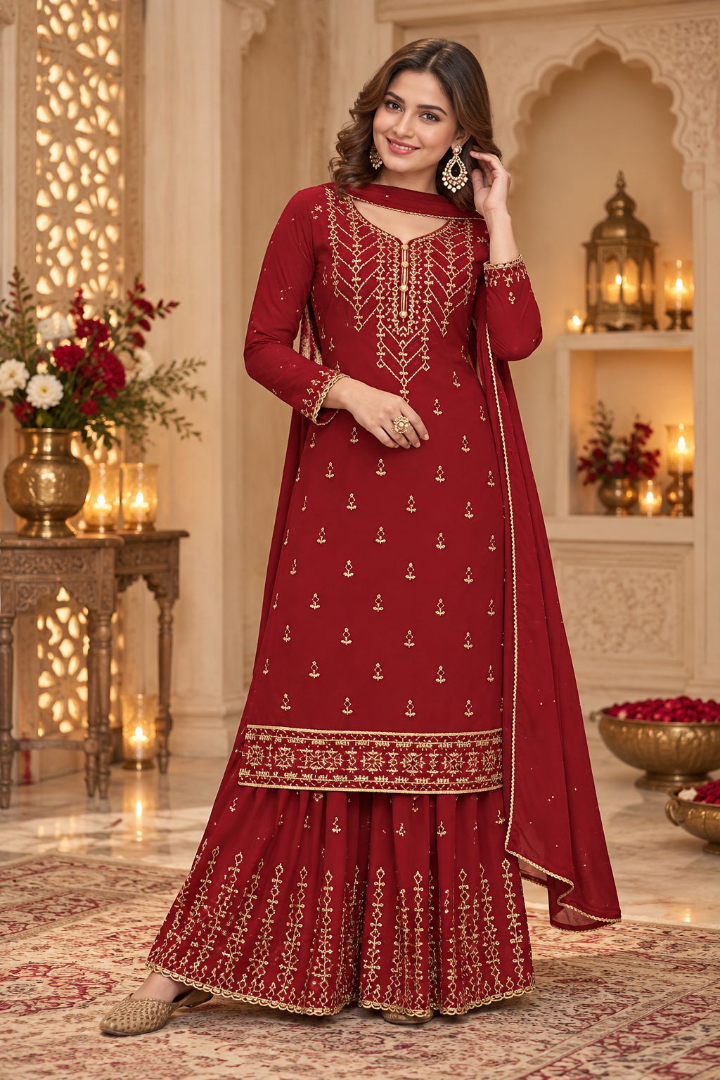 Pakistani Women's Light Weight Georgette Zari Embroidered Semi-Stitched Sharara Suit