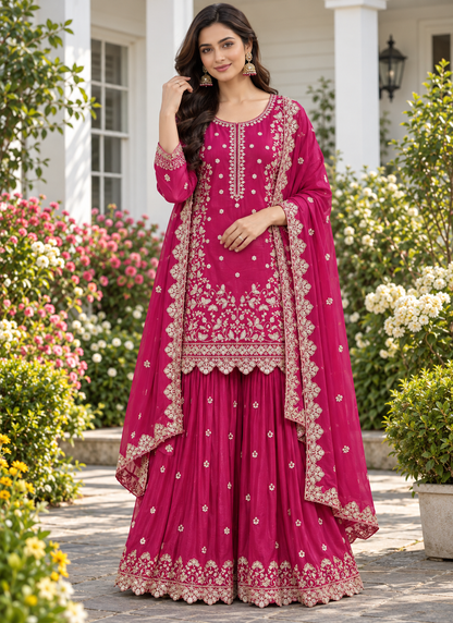 Exclusive And Designer Chinon Coding Sequence Embroidery Work Wonderful Semi-Stitched Sharara Suit