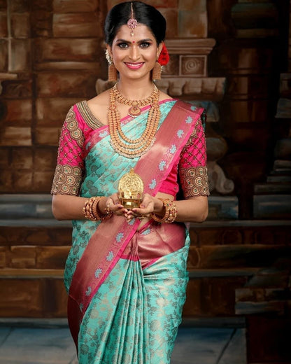 Pista Pink Banarasi Soft Lichi Silk Saree For Beautiful Rich Pallu & Jacquard Lace Border Work Saree With Blouse Piece