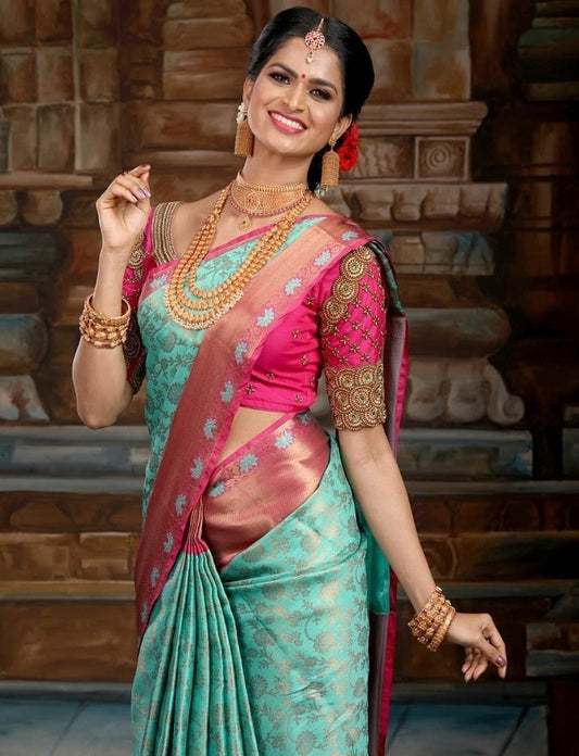 Pista Pink Banarasi Soft Lichi Silk Saree For Beautiful Rich Pallu & Jacquard Lace Border Work Saree With Blouse Piece