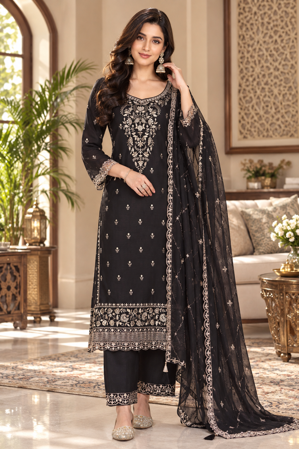 Trending Pakistani Suit Fantastic Look Chinon Sequence Embroidery Wonderful Semi-Stitched Salwar Suit Material