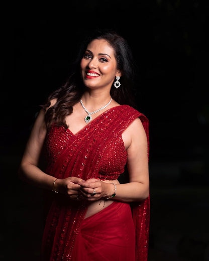 Red Party Wear Sequins Work Saree & Work Blouse Week Special Edition Women Saree