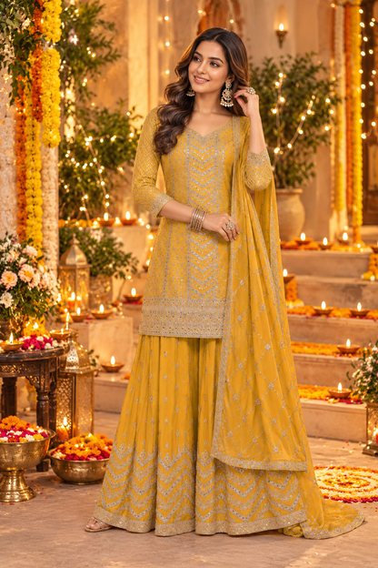 Festival Wear Heavy Chinon Sequence Embroidery Beautiful Semi-Stitched Sharara Suit Material Pakistani Salwar Suit Material