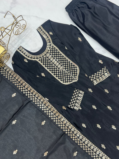 BEAUTIFUL PURE CHINON SILK FABRIC STRAIGHT FIT KURTA WITH DUPPTA SET, TROUSERS, READY TO WEAR