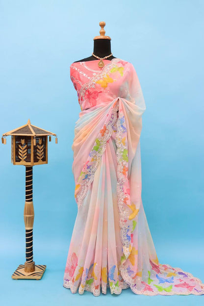 Exclusive Peach Georgette  Embroidery Work & 7 mm sequions Saree With Blouse -BT-1177 By Dealbazaars