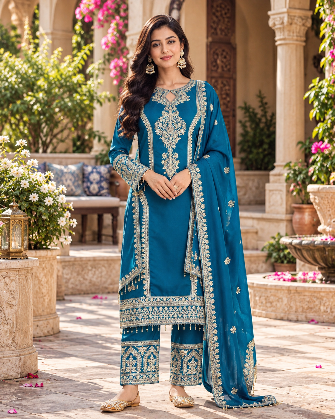 Women's Leheriya Embroidered Regular Sequinned Kurta with Trousers & With Dupatta