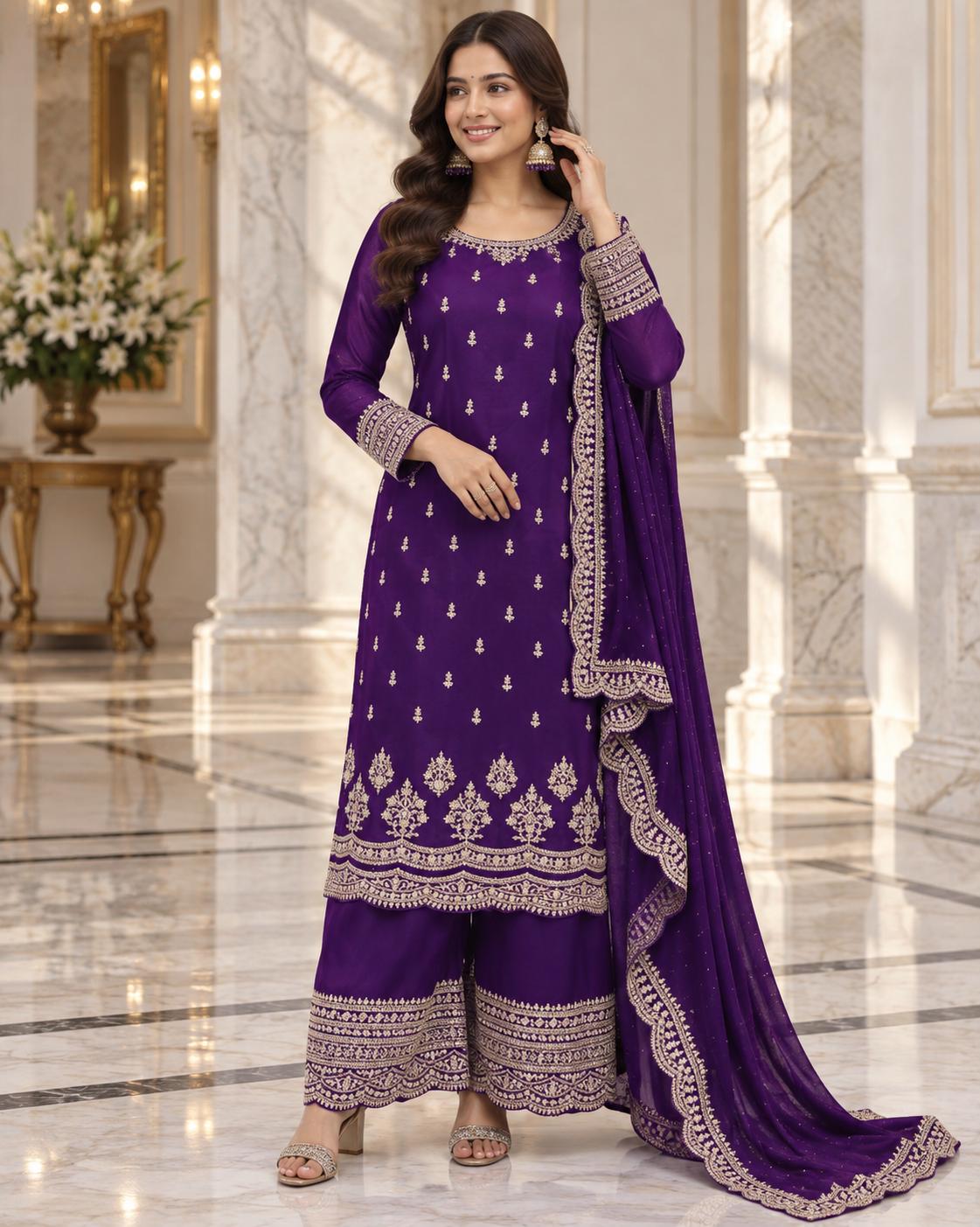 Pakistani Suit for Women Exclusive Chinon Coding Sequence Embroidery Work Wonderful Semi-Stitched Plazzo Suit Material