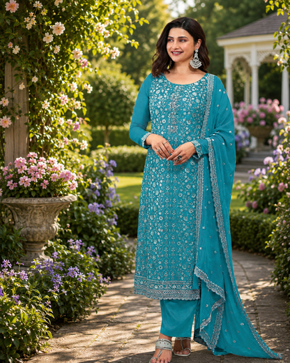 Fancy Look Women Pakistani Suit Vichitra Silk Sequence Embroidery Wonderful Semi-Stitched Salwar Suit Material