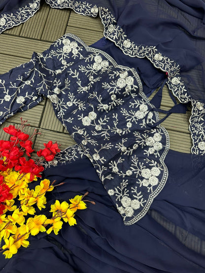 Navy Blue Georgette Saree With Fancy Half Jacket Blouse & Black Georgette Floral Border Saree