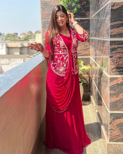 Red Women's Beat Exclusive Party Wear Designer Gown With koti and Dupatta By Dealbazaars