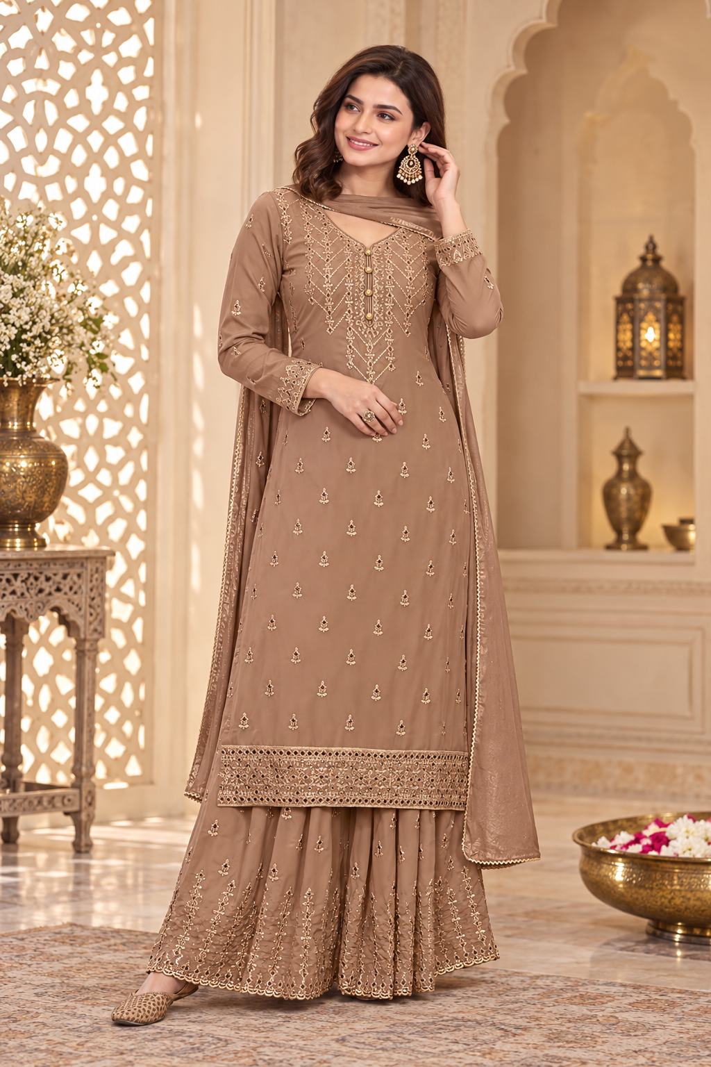 Pakistani Women's Light Weight Georgette Zari Embroidered Beautiful Semi-Stitched Sharara Suit