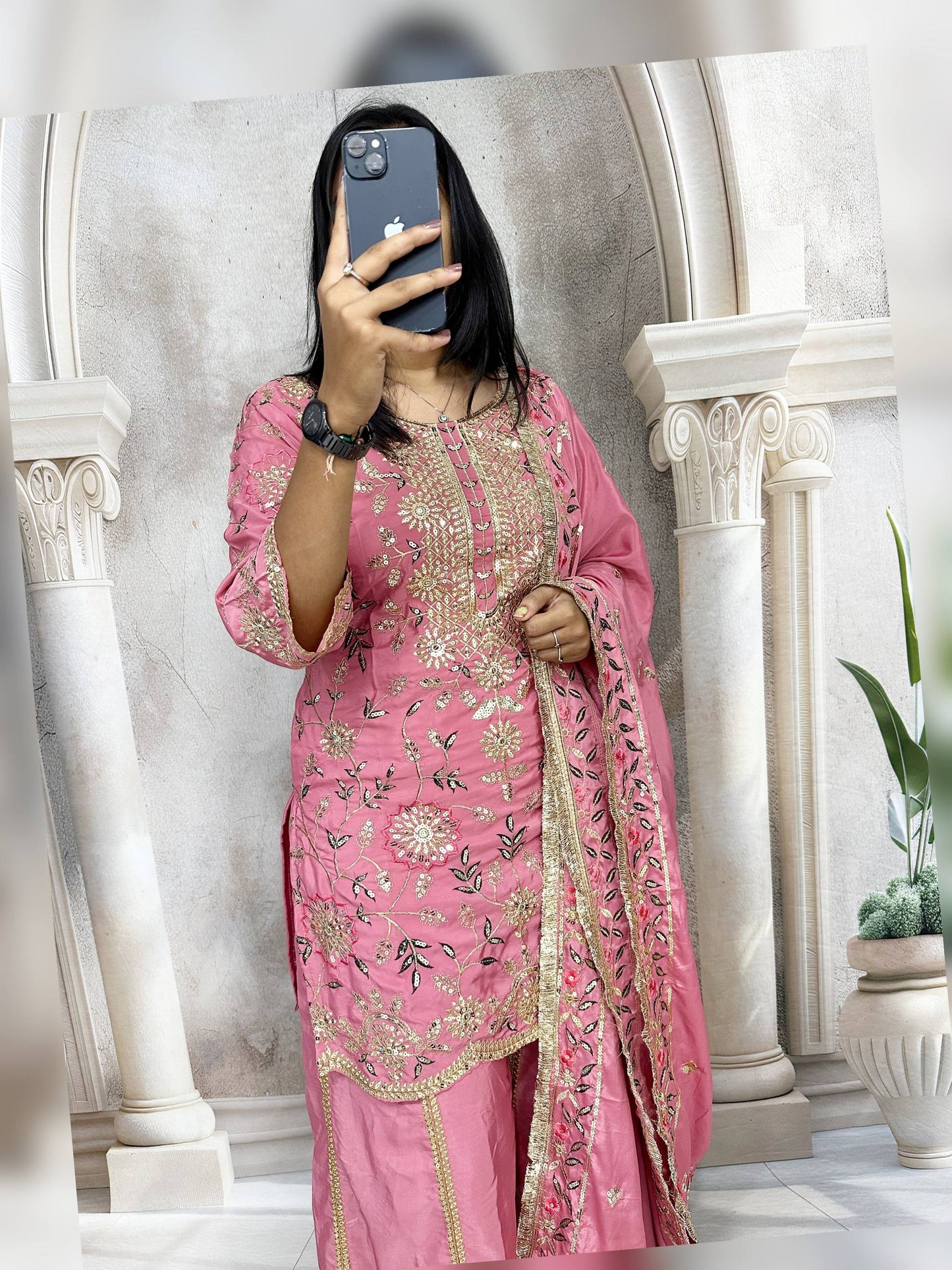 Premium Heavy Pure Natural Crepe Silk Sharara Set with Dupatta – Multi-Needle Sequins Embroidery (Fully Stitched)