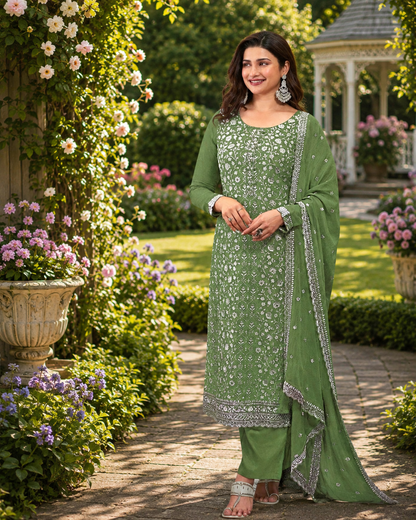 Fancy Look Women Pakistani Suit Vichitra Silk Sequence Embroidery Wonderful Semi-Stitched Salwar Suit Material