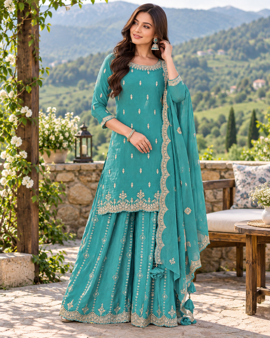 Premium Chinon Sequence Embroidery Multi Purpose Semi-Stitched Sharara Suit Pakistani Dress for Women