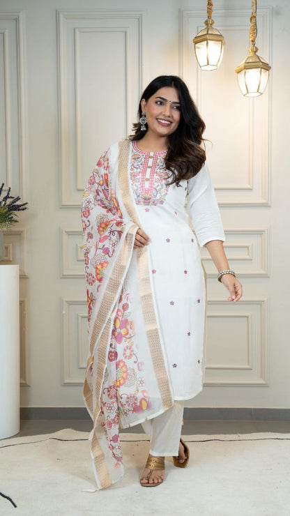Designers Kurti Pent Dupatta Set, Premium Roman Silk, Dupatta Hevay Chanderi With Digital Print With Latkan and Kurta Embroidery MultI With Sequence Work with Cotton Inner (Full)