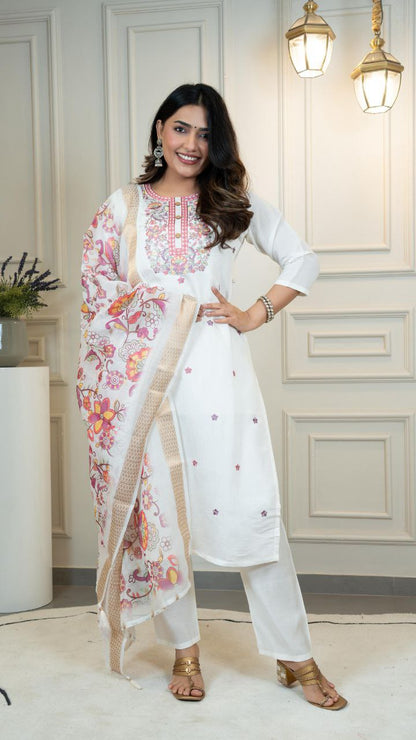 Designers Kurti Pent Dupatta Set, Premium Roman Silk, Dupatta Hevay Chanderi With Digital Print With Latkan and Kurta Embroidery MultI With Sequence Work with Cotton Inner (Full)