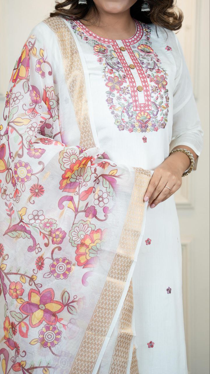 Designers Kurti Pent Dupatta Set, Premium Roman Silk, Dupatta Hevay Chanderi With Digital Print With Latkan and Kurta Embroidery MultI With Sequence Work with Cotton Inner (Full)