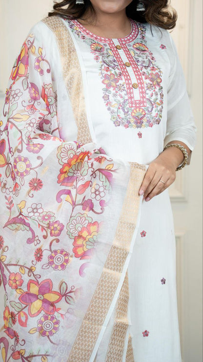 Designers Kurti Pent Dupatta Set, Premium Roman Silk, Dupatta Hevay Chanderi With Digital Print With Latkan and Kurta Embroidery MultI With Sequence Work with Cotton Inner (Full)