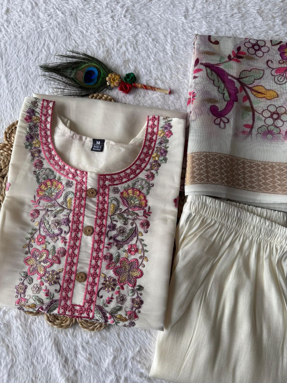 Designers Kurti Pent Dupatta Set, Premium Roman Silk, Dupatta Hevay Chanderi With Digital Print With Latkan and Kurta Embroidery MultI With Sequence Work with Cotton Inner (Full)