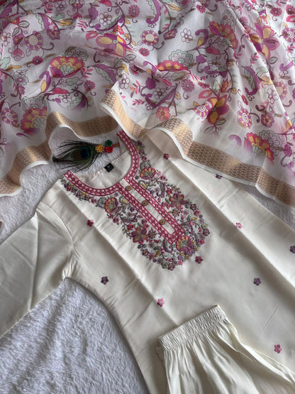 Designers Kurti Pent Dupatta Set, Premium Roman Silk, Dupatta Hevay Chanderi With Digital Print With Latkan and Kurta Embroidery MultI With Sequence Work with Cotton Inner (Full)