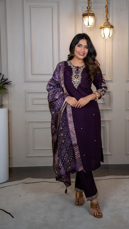 Designers Kurti Pent Dupatta Set, Premium Roman Silk & Embroidery Multy Work, Dupatta jacquard Lichi Silk jacquard With Latkan