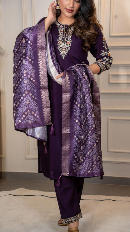 Designers Kurti Pent Dupatta Set, Premium Roman Silk & Embroidery Multy Work, Dupatta jacquard Lichi Silk jacquard With Latkan