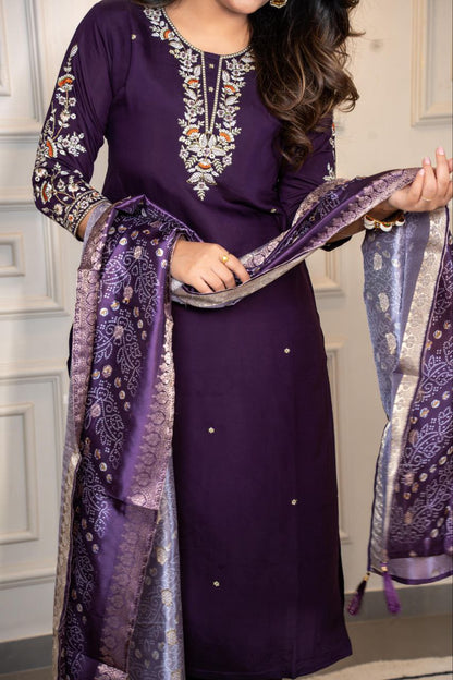 Designers Kurti Pent Dupatta Set, Premium Roman Silk & Embroidery Multy Work, Dupatta jacquard Lichi Silk jacquard With Latkan