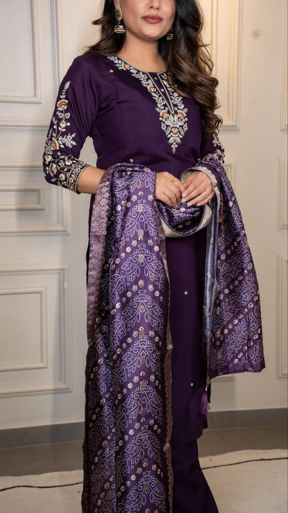 Designers Kurti Pent Dupatta Set, Premium Roman Silk & Embroidery Multy Work, Dupatta jacquard Lichi Silk jacquard With Latkan