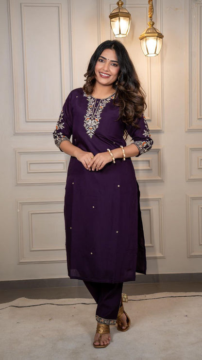 Designers Kurti Pent Dupatta Set, Premium Roman Silk & Embroidery Multy Work, Dupatta jacquard Lichi Silk jacquard With Latkan
