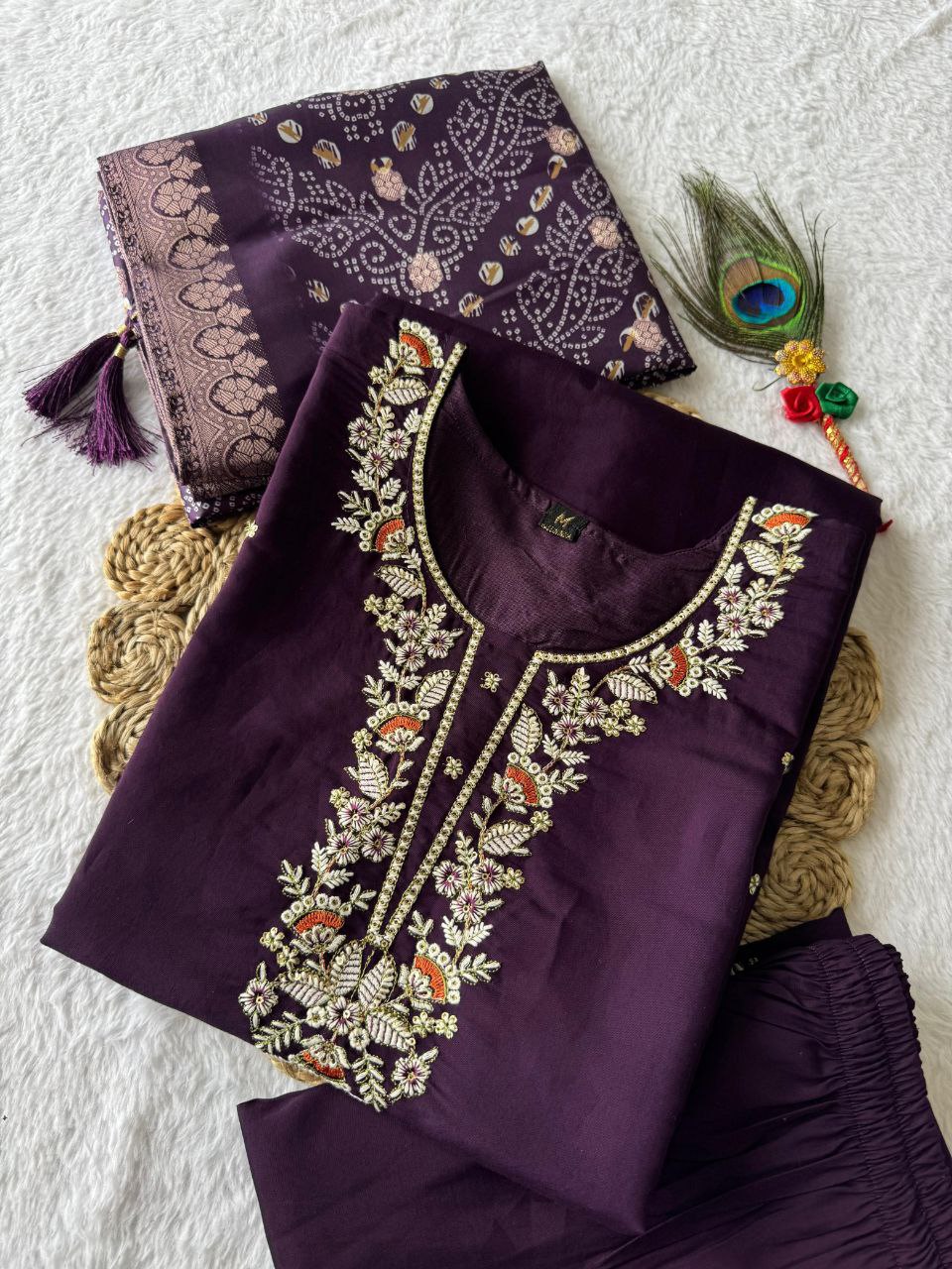 Designers Kurti Pent Dupatta Set, Premium Roman Silk & Embroidery Multy Work, Dupatta jacquard Lichi Silk jacquard With Latkan