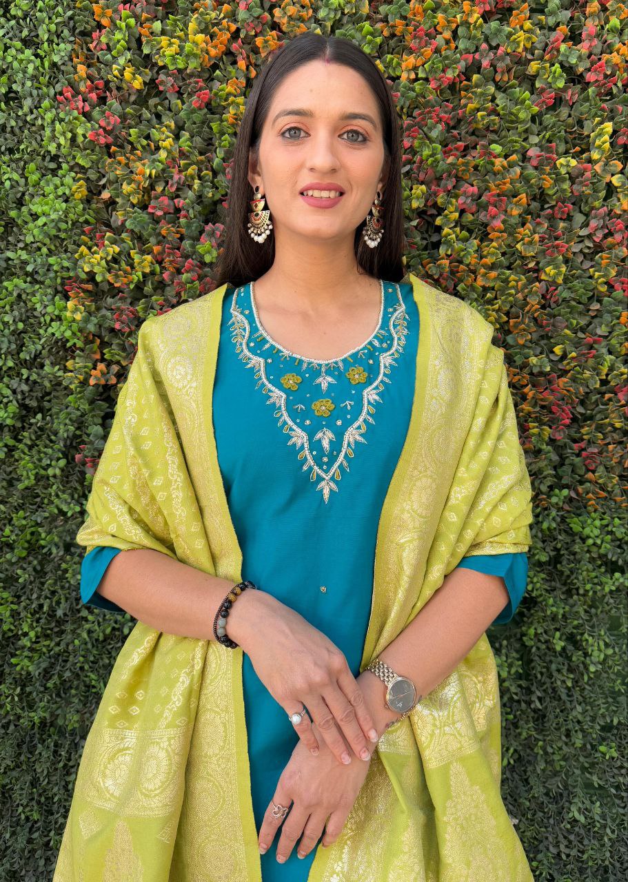 Designers Kurti Pent Dupatta Set, Premium Roman Silk, Cotton Inner (Full), Heavy Quality Nylon Muslin jacquard With Latkan and Hand Work