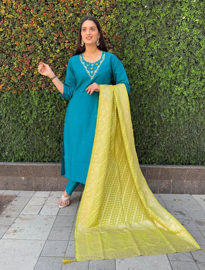 Designers Kurti Pent Dupatta Set, Premium Roman Silk, Cotton Inner (Full), Heavy Quality Nylon Muslin jacquard With Latkan and Hand Work
