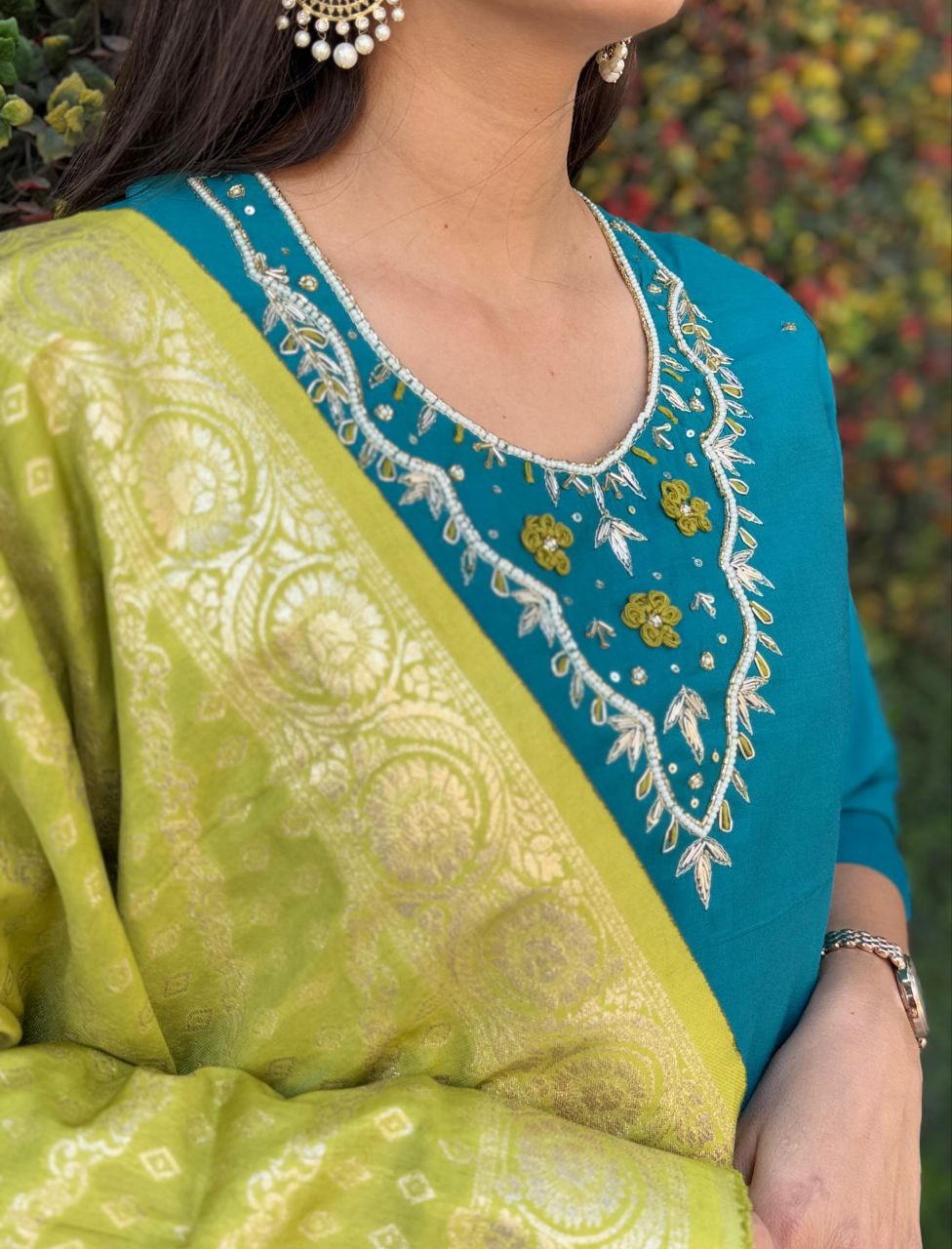 Designers Kurti Pent Dupatta Set, Premium Roman Silk, Cotton Inner (Full), Heavy Quality Nylon Muslin jacquard With Latkan and Hand Work