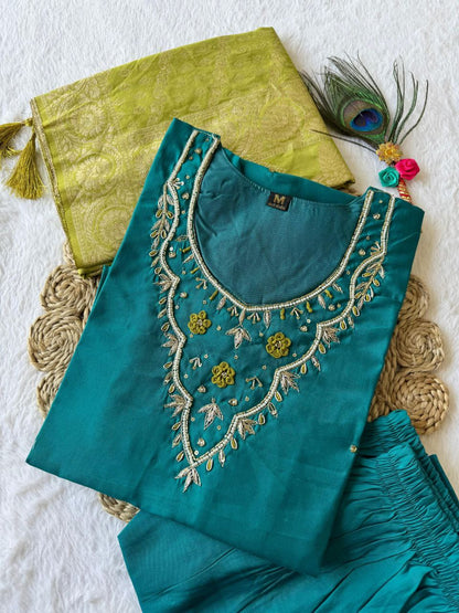 Designers Kurti Pent Dupatta Set, Premium Roman Silk, Cotton Inner (Full), Heavy Quality Nylon Muslin jacquard With Latkan and Hand Work