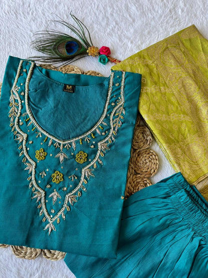 Designers Kurti Pent Dupatta Set, Premium Roman Silk, Cotton Inner (Full), Heavy Quality Nylon Muslin jacquard With Latkan and Hand Work