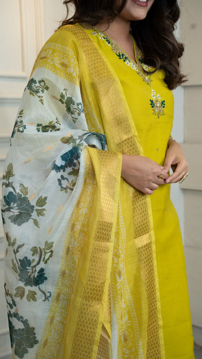 Designers Kurta Pent Set, Premium Roman Silk & Kurta Full Inner Cotton with Hand Work Neckline, Dupatta Heavy Quality Nylon Muslin jacquard With Latkan